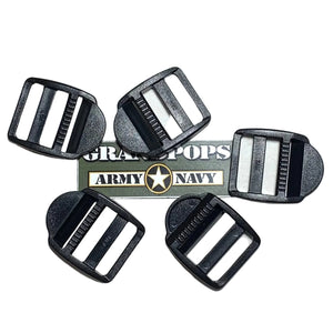 Black Plastic 3/4" Ladderlock Buckles (5 Pack) with  Grandpops Army Navy logo.