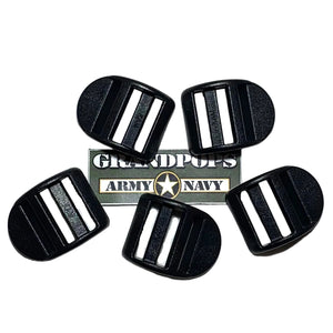 Black Plastic 3/4" Curved Ladderlock Buckles (5-Pack) with a Grandpops Army Navy logo.