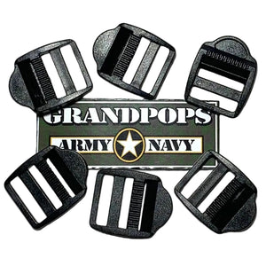 Black Plastic 9/16" Ladderlock Buckles (6-Pack) with a Grandpops Army Navy logo.