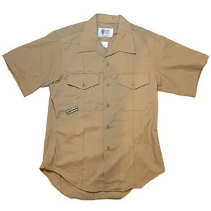 U.S. Marine Corps Khaki M-1 Poly/Wool Man's Quarter Length Sleeve Dress Shirt with a Grandpops Army Navy logo.