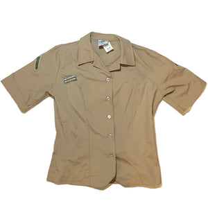 U.S. Marine Corps Khaki Shade M-1 Poly/Wool Women's Tropical Short Sleeve Dress Shirt with a Grandpops Army Navy logo.