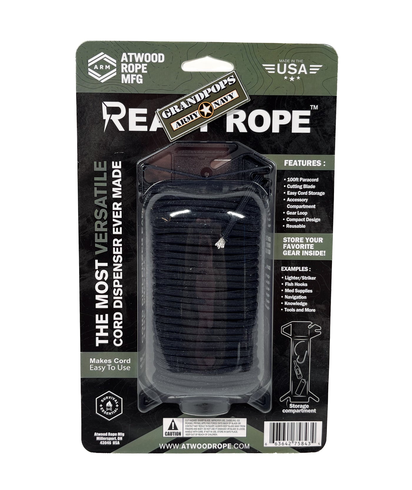 Black 550LB Paracord 100Ft Ready Rope™ Survival Storage Kit Made In US – GRANDPOPSARMYNAVY