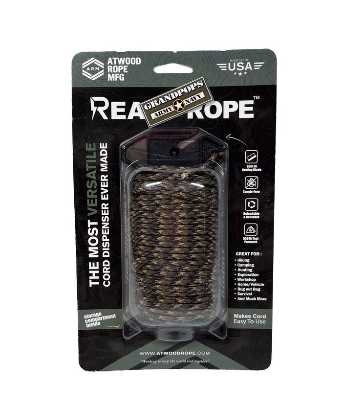 Ground War Woodland Camo 550LB Paracord 100Ft Ready Rope™  Survival Storage Kit Made In USA