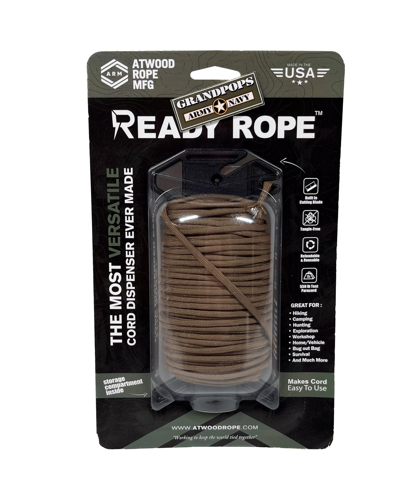 Coyote Brown 550LB Paracord 100Ft Ready Rope™ Survival Storage Kit
