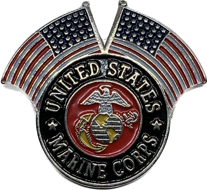 USMC Logo With (2) USA Flags Silver Pin