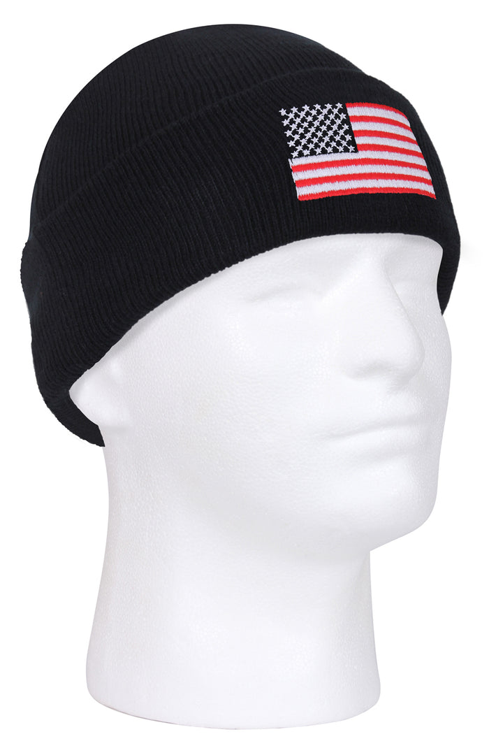 US Flag Embroidered Fine Knit Watch Cap - Black