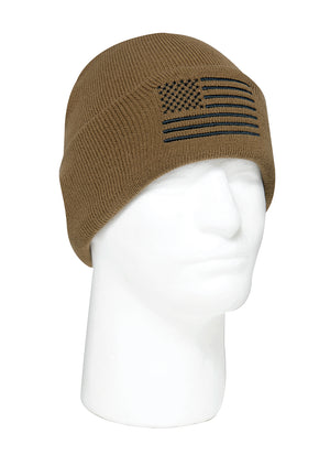 US Flag Embroidered Fine Knit Watch Cap - Coyote Brown