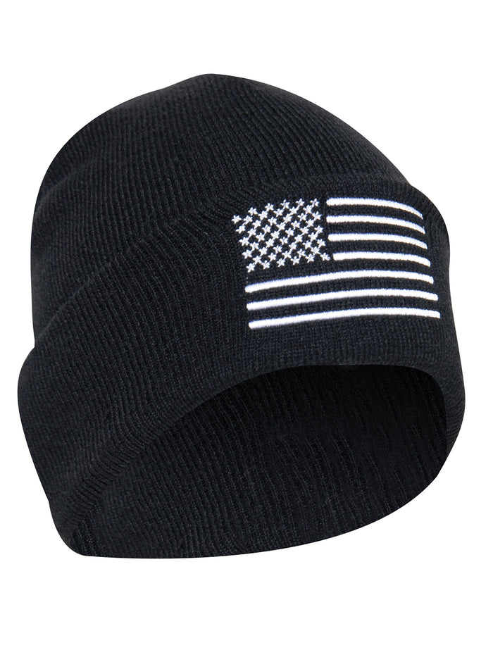 US Flag Embroidered Fine Knit Watch Cap - Black/White