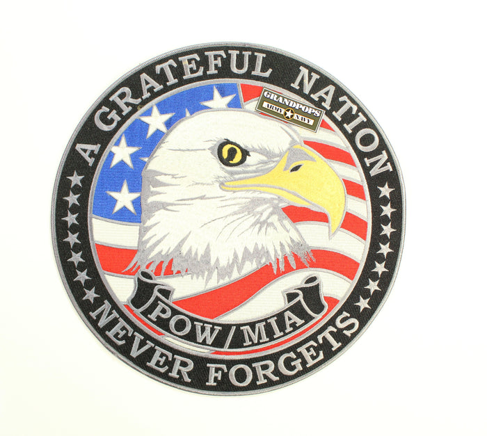 Large Embroidered POW MIA A Grateful Nation Never Forgets Patriotic Iron on Patch 12"