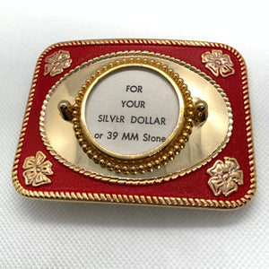 Silver Dollar Red & Gold Mirror Western Style Belt Buckle