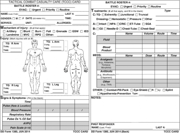 Tactical Combat Casualty Care Card (TCCC Card) DD Form 1380